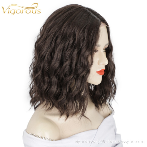 Wholesale High Quality Short Bob Cut Body Wave Brown Small Part Lace Extensions Dropshipping Heat Resistant Synthetic Hair Wigs